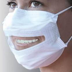 Woman wearing face masks were a clear window view of her mouth 