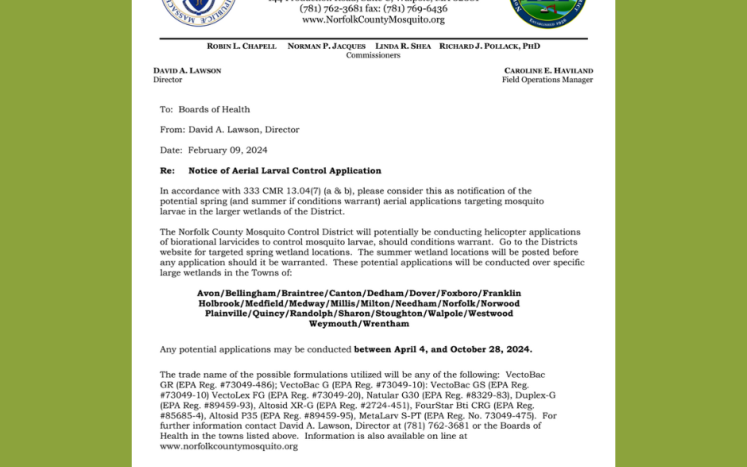 Norfolk County Mosquito Control District announces possible Aerial Larval Control Application